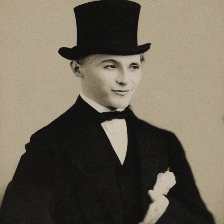 Image similar to A young man in a top hat in an elegant black suit has a cryptic smile on his face