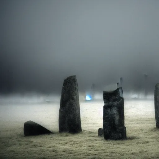 Prompt: 'a portrait of an army of cats sitting in front of the neolithic standing stones, haunting, fog, grainy, snowing, atmospheric clouds'