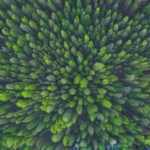 Prompt: a birds eye view of a digital painting of a thick forest by Michael Menzel