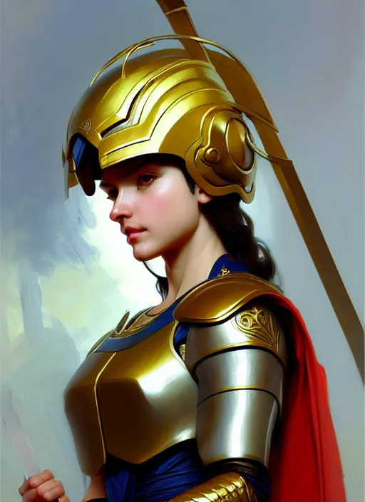 Image similar to character concept portrait of the goddess Athena with helmet and spear, shiny gold, intricate, elegant, digital painting, concept art, smooth, sharp focus, illustration, from Metal Gear, by Ruan Jia and Mandy Jurgens and William-Adolphe Bouguereau, Artgerm