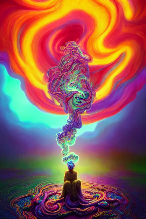 Image similar to colorful liquid smoke and clouds opening portal to another dimension, dmt, psilocybin, lsd, face, detailed, intricate, elegant, highly detailed, digital painting, artstation, concept art, smooth, sharp focus, illustration, art by hana yata, and artem demura and beeple, octane render, unreal engine, 8 k