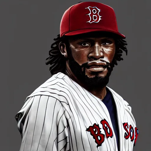 Prompt: portrait painting of boston red sox baseball player, unshaven, strong, ultra realistic, concept art, intricate details, serious, highly detailed, photorealistic, octane render, 8 k, unreal engine. art by artgerm and greg rutkowski and alphonse mucha