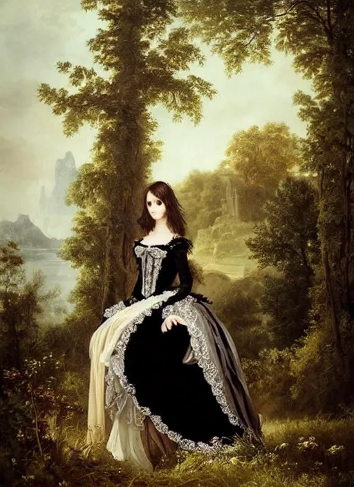 Image similar to gothic princess in baroque dress in a scenic environment. by * * henriette ronner * *