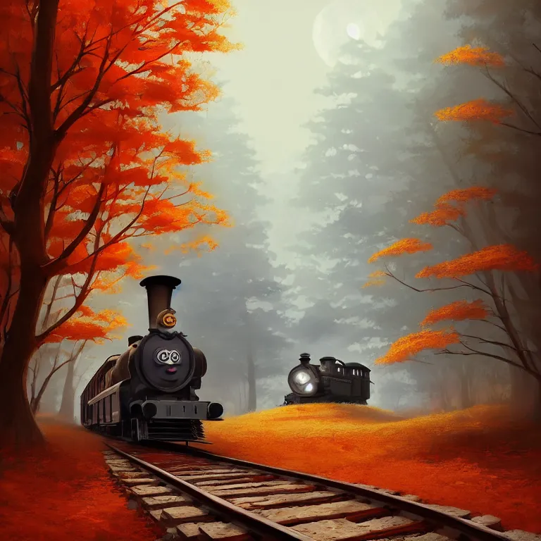 Image similar to Goro Fujita illustrating An antique steam train with a large white cloud coming out of the chimney travels through a beautiful autumn forest along the railroad tracks, art by Goro Fujita, concept art, sharp focus, ArtStation