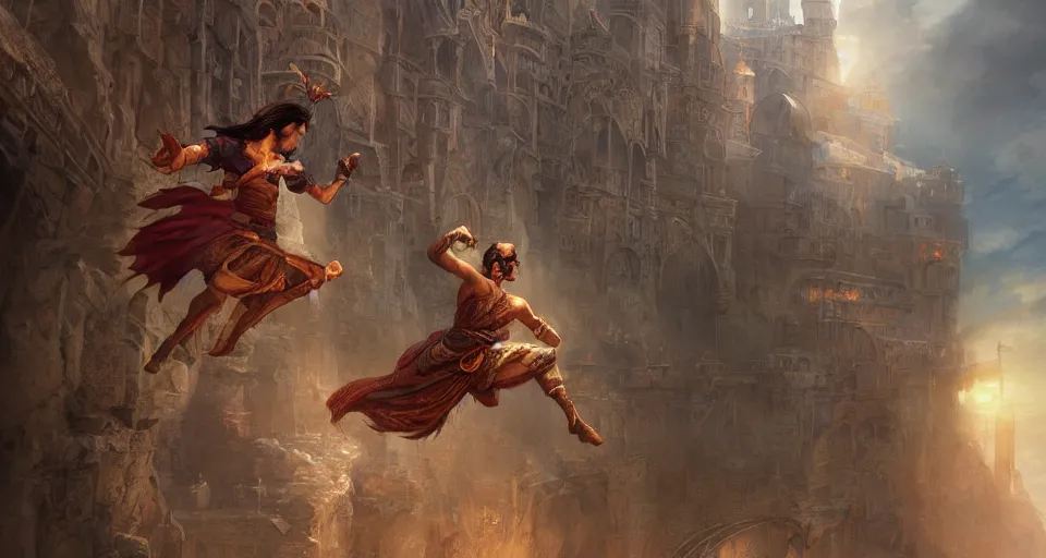 Image similar to a concept art of Prince of Persia video game. jumping. whimsically highly detailed, digital painting, artstation, concept art, smooth, sharp focus, illustration, art by artgerm and greg rutkowski and alphonse mucha