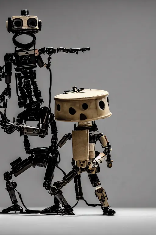 Image similar to a beautiful cinematic photo shot of a couple of threea toys figurines by ashley wood, world war one robot squids playing drums and electric guitar, black background, concert light, dark mood