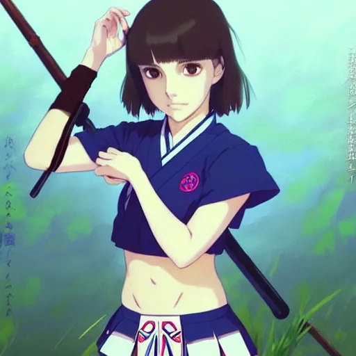 Image similar to a beautiful! boyish! natalie portman alluring gravure! model, wearing japanese school girl outfit with mayan pattern and native style, aztec street fashion, gapmoe yandere grimdark, trending on pixiv fanbox, painted by greg rutkowski makoto shinkai takashi takeuchi studio ghibli, akihiko yoshida