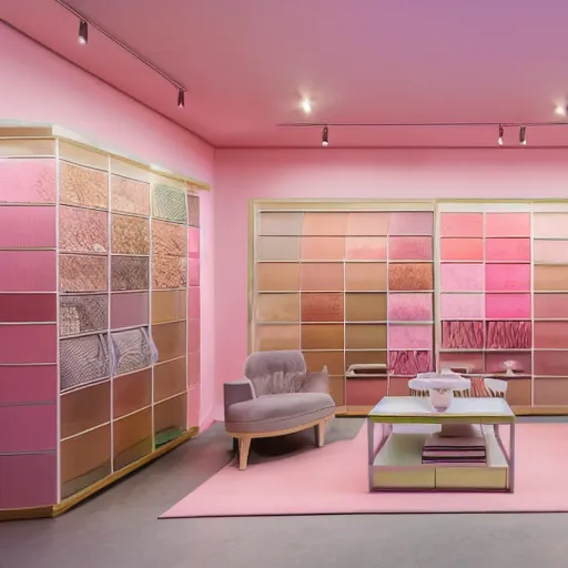 Image similar to An ultra high definition, professional photograph of an IKEA showroom located on a pastel pink beach with pastel pink, dimpled sand where every item is pastel pink. The sun can be seen rising through a window in the showroom. The showroom unit is outdoors and the floor is made of dimpled sand. Morning time indirect lighting with on location production lighting on the showroom. In the style of wallpaper magazine, Wes Anderson.