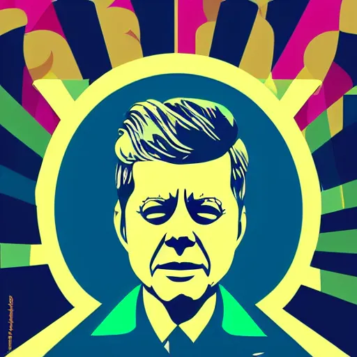 Image similar to individual jfk portrait fallout 7 6 retro futurist illustration art by beeple, sticker, colorful, illustration, highly detailed, simple, smooth and clean vector curves, no jagged lines, vector art, smooth andy warhol style