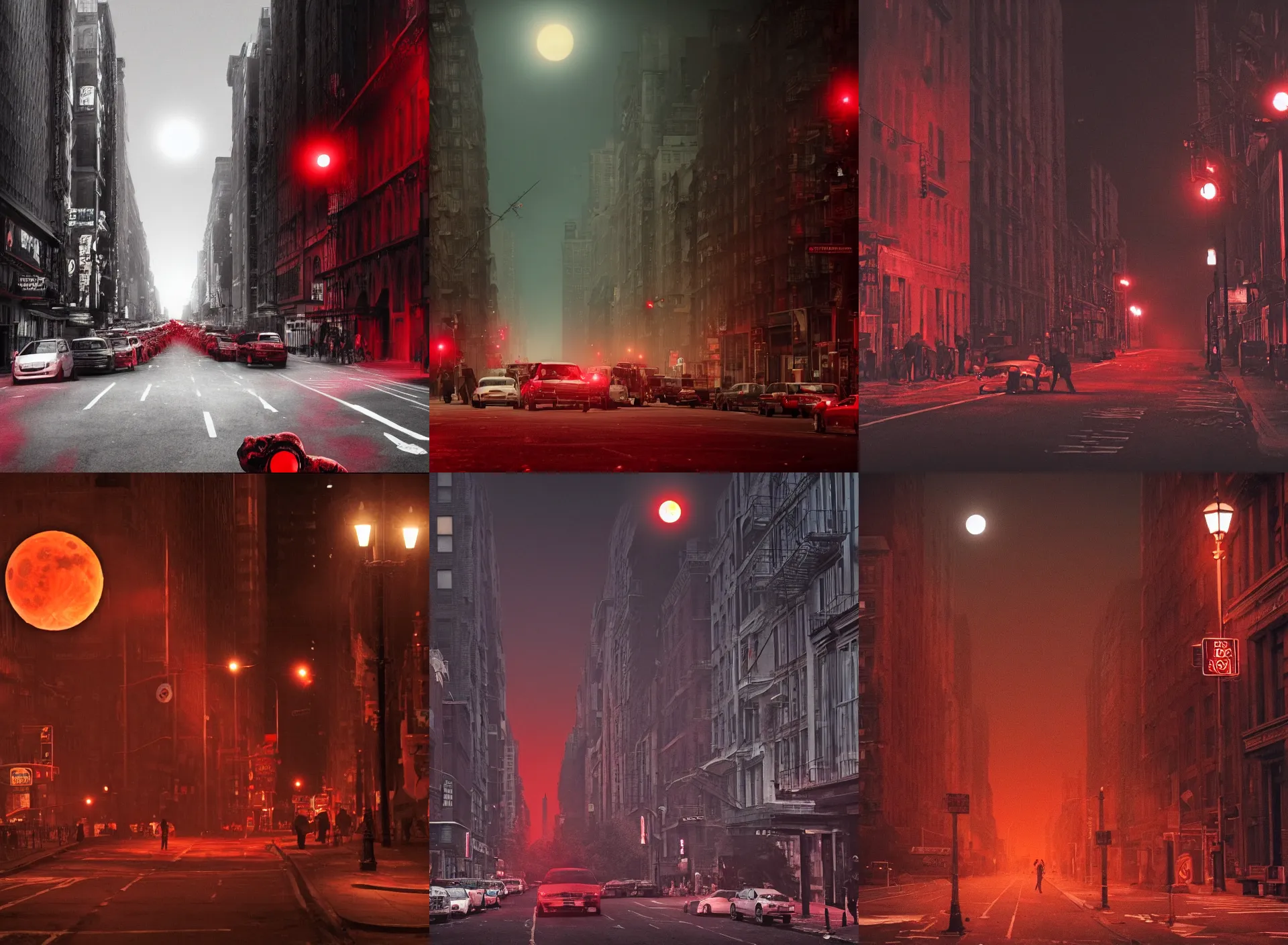 Prompt: the middle of new york city street, blood red moon, red lighting, street lamps, undead zombies lurking in the shadows. Red. Floating human eyeballs in the sky. Very detailed, 8k. Apocalypse.