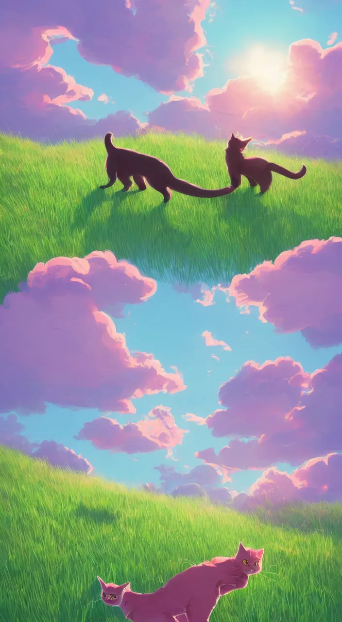 Prompt: Cat walking in the green grass, aesthetic, calming, pink clouds in the sky, brightly illuminated by rays of sun, artstation, colorful sylvain sarrailh illustration, by peter chan, day of the tentacle style, twisted shapes