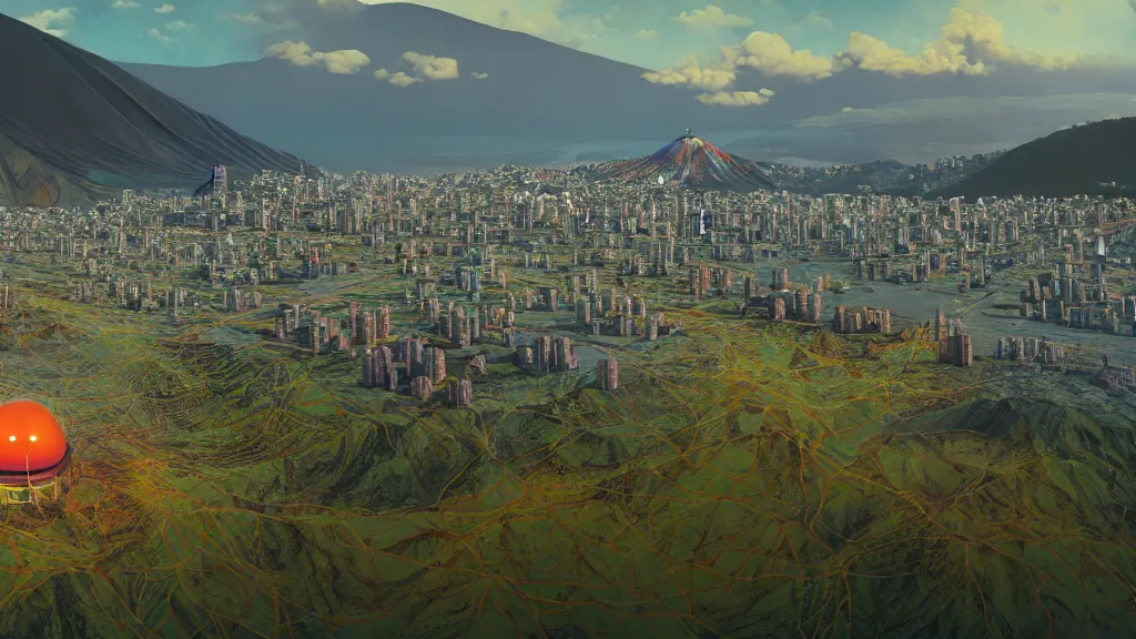 Image similar to Nuclear Nature Solarpunk harmony; Drone shots of Quito, Ecuador; by Simon Stålenhag, oil on canvas; Art Direction by James Cameron; 4K, 8K; Ultra-Realistic Depth Shading