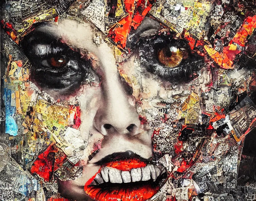 Prompt: dangerous eyes and burning lips looking at me embraced detailed chaotic mixed media collage with relief texture in style of conteporary art, punk art, dadaism, photorealistic, expressionism, masterpiece, balanced composition, light colors, spectacular quality, intricate oil details