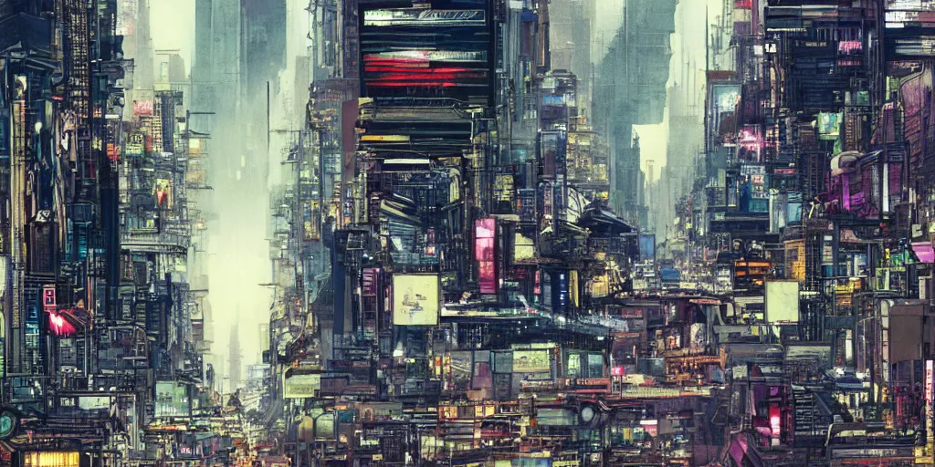 Prompt: cinematic high contrast graphic illustration of hyper detailed highway realistic street, cyborg walking in an afro futurist city block sky scrapers by frank lloyd wright architect, bill sienkiewicz, plants growing from buildings wide angle, insanely detailed and intricate