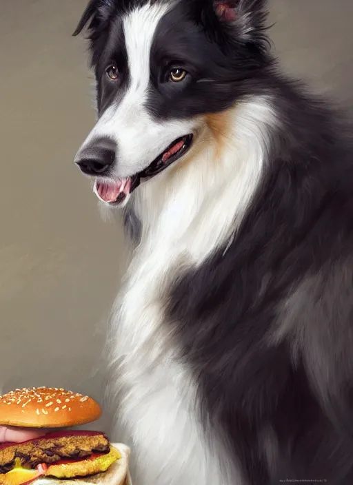 Prompt: wide shot painting of a male anthropomorphic border collie fursona eating a cheeseburger, beautiful, intricate, elegant, realistic proportions, highly detailed, scenic background, trending on artstation, art by charlie bowater and henry asencio and and ross tran