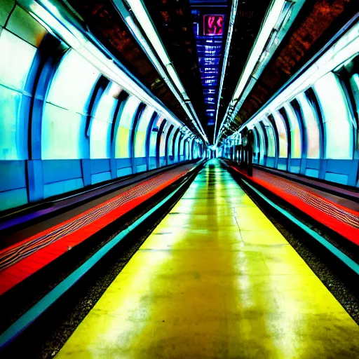 Image similar to underground train station, futuristic, neon colours, highly saturated, high def, 8 k, hd, highly detailed,