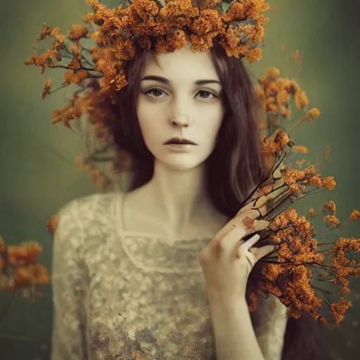 Prompt: fine art photo of the most beautiful woman, she has a crown of dried flowers, by oleg oprisco