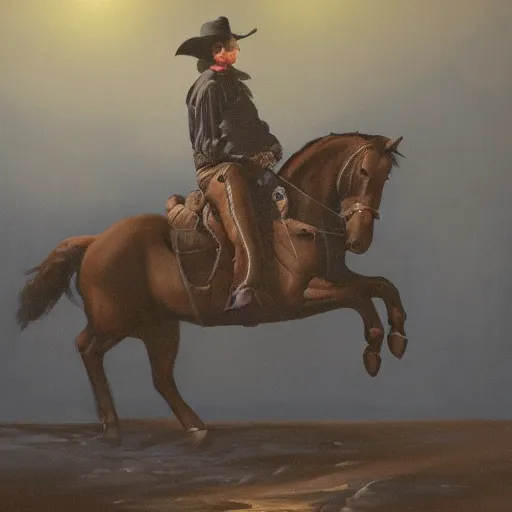 Image similar to a dark oil painting of a cowboy riding a horse towards a glowing blue ring suspended in the night sky