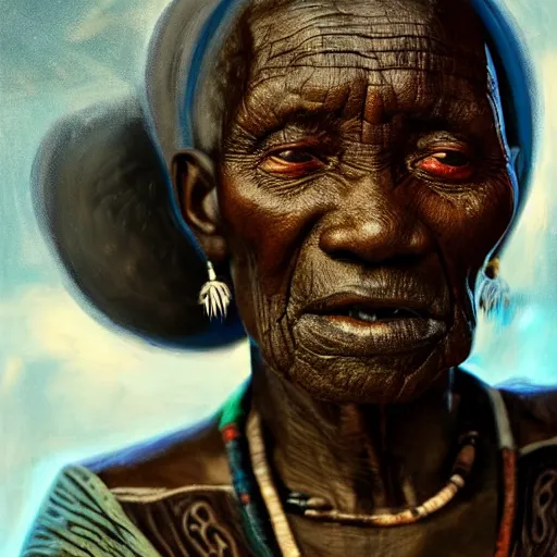 Image similar to a painting of a wise elder from Kenya. dramatic angle, ethereal lights, details, smooth, sharp focus, illustration, realistic, cinematic, artstation, award winning, rgb , unreal engine, octane render, cinematic light, macro, depth of field, blur, red light and clouds from the back, highly detailed epic cinematic concept art CG render made in Maya, Blender and Photoshop, octane render, excellent composition, dynamic dramatic cinematic lighting, aesthetic, very inspirational, arthouse.