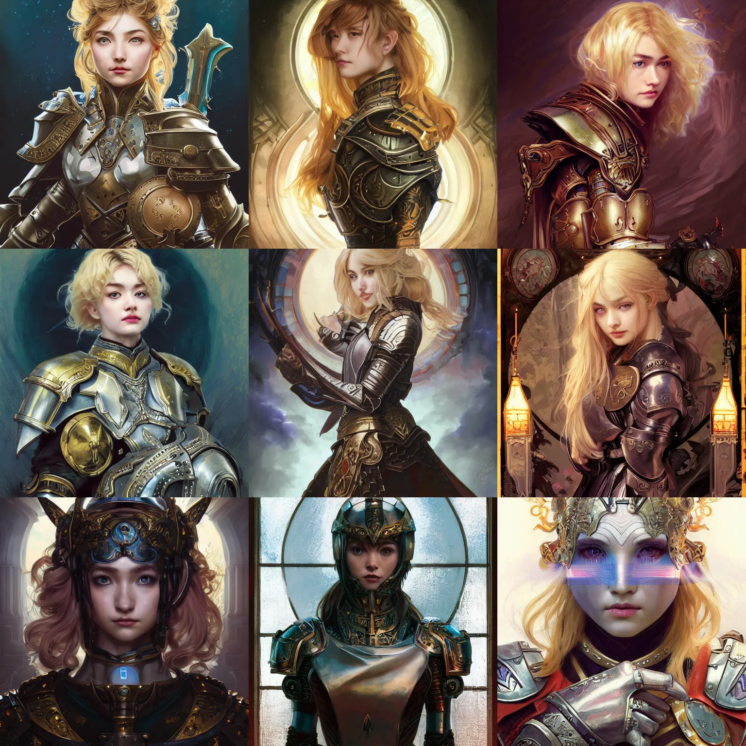 Prompt: masterpiece head-on symmetrical centered painted portrait, Imogen Poots as a paladin, Gloomhaven theme, blonde hair, glorious, wearing full metal armour, glowing stained glass backdrop, elegant, in the style of Ruan Jia and Artgerm and Edgar Maxence and Ross Tran and Alphonse Mucha and Ayami Kojima and Charlie Bowater and Greg Rutkowski and Karol Bak and Jean Delville, Art Nouveau, Pre-Raphaelite, Neo-Gothic, gothic, Art Nouveau, rich deep moody colors, 8k, specular highlights, octane render