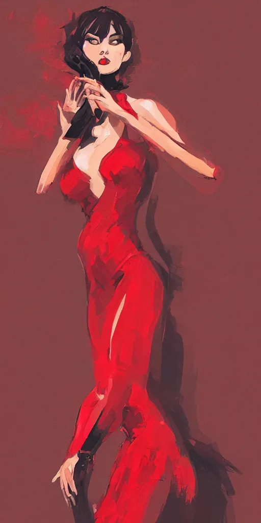 Prompt: sensual crimson and absolute black concept art of a woman in a dress dancing, black background, patrick westwood style, red series, benjamin conalin style, artstation trending, high detail, soft light, black background