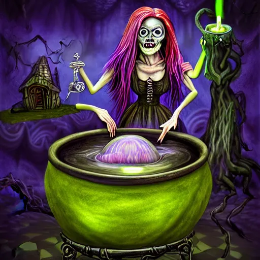 Image similar to a portrait of a scary ugly witch that is brewing a wicked potion in her cauldron that is marked with magical symbol that are glowing, highly detailed, digital photo, hdri, by christopher bretz and john carpenter, vivid colors, high contrast, 8 k resolution, intricate, photorealistic, smooth, psychedelic color scheme, concept art, award winning, cg society contest winner