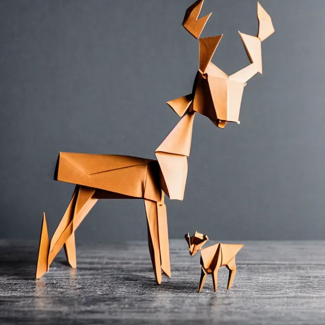 Image similar to a photograph of a deer origami and a robot origami on top of a wooden table