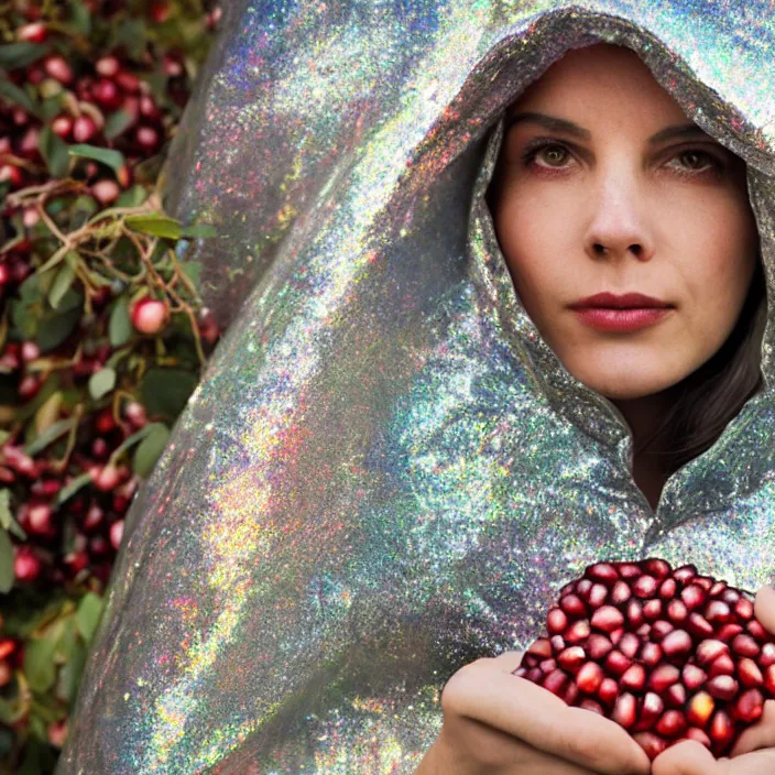 Image similar to a closeup portrait of a woman wearing a hooded cloak made of holographic mylar, picking pomegranates from a tree in an orchard, foggy, moody, photograph, by vincent desiderio, canon eos c 3 0 0, ƒ 1. 8, 3 5 mm, 8 k, medium - format print