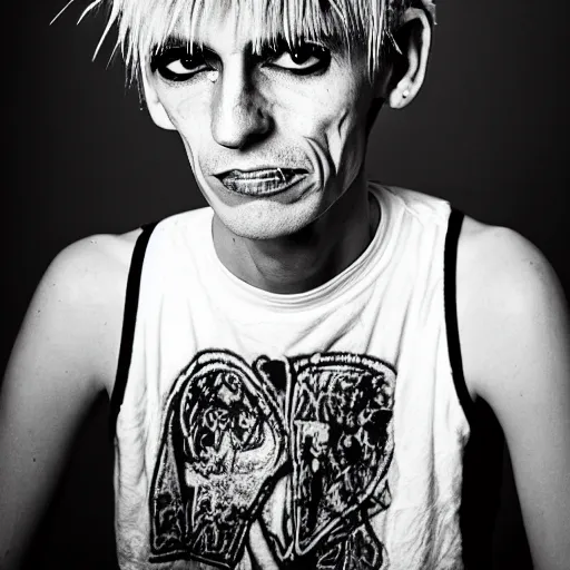 Image similar to a portrait photograph of a skinny, odd, counter 2 5 - year punk rocker from the 1 9 8 0 s. portrait canon 8 5 mm f 1. 2 photograph head and shoulders portrait