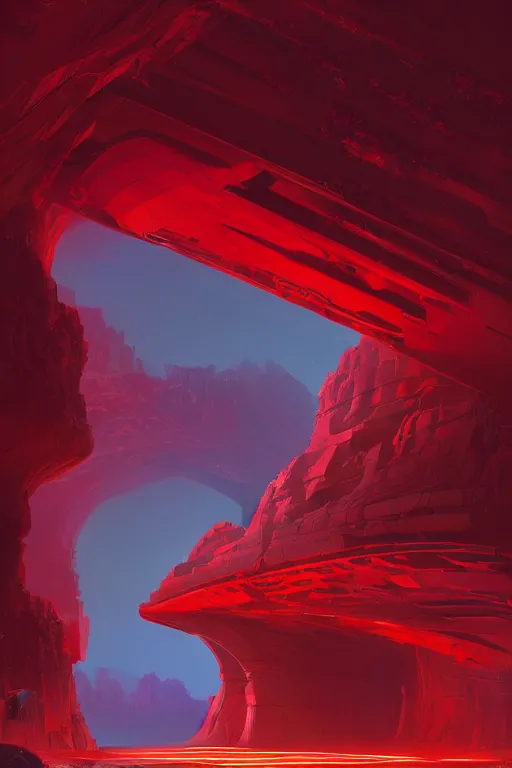 Prompt: red glowing temple designed by zaha hadid in a canyon, shooting stars, dramatic lighting, artstation, matte painting, ralph mcquarrie, simon stalenhag