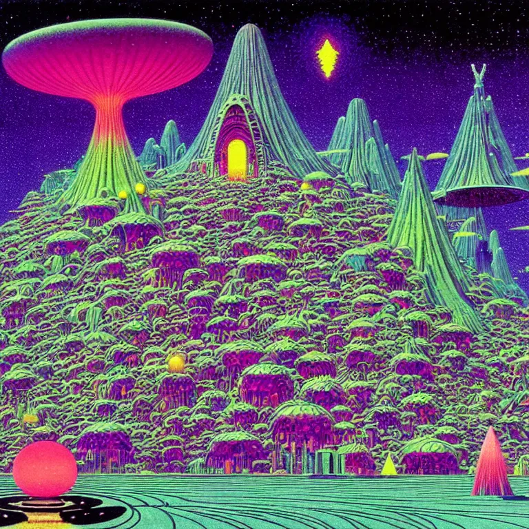 Image similar to mysterious ufo hovering over magical crystal temple, bright neon colors, highly detailed, high resolution, cinematic, hiroo isono, tim white, philippe druillet, roger dean, lisa frank, aubrey beardsley, ernst haeckel