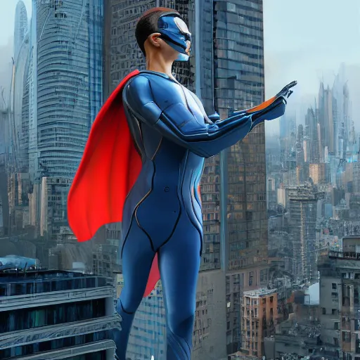 Image similar to funny futuristic colorful Super hero floating in big city , stunning photo real concept art, cinematic, clean, realistic, from algorithmic design by Steve Skroce and Moebius, for James Cameron and Weta workshop, 3d sculpt, 3d high poly render with octane, realistic textures, subtle depth of field, Zeiss lenses, 8k post-processing, manicured, Fuji LUT, smooth, ultradetailed