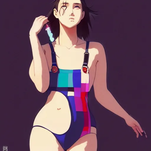 Image similar to a beautiful plus sized model japanese natalie portman, alluring plus sized model, wearing mayan leotard with overalls, street fashion hip hop style with mayan patterns, aztec street fashion, gapmoe yandere grimdark, trending on pixiv fanbox, painted by greg rutkowski makoto shinkai takashi takeuchi studio ghibli, akihiko yoshida