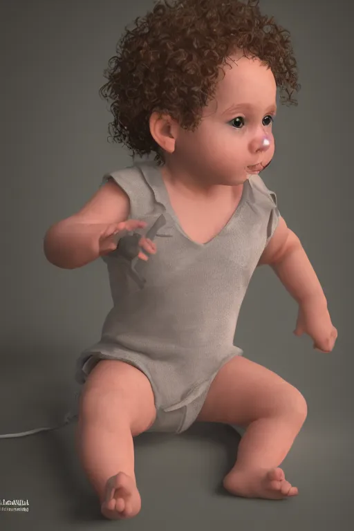 Prompt: hyper - realistic full body portrait of cute baby with curly hair, photorealism, portrait photography, volumetric lighting, insanely detailed, artstation, 4 k, 8 k