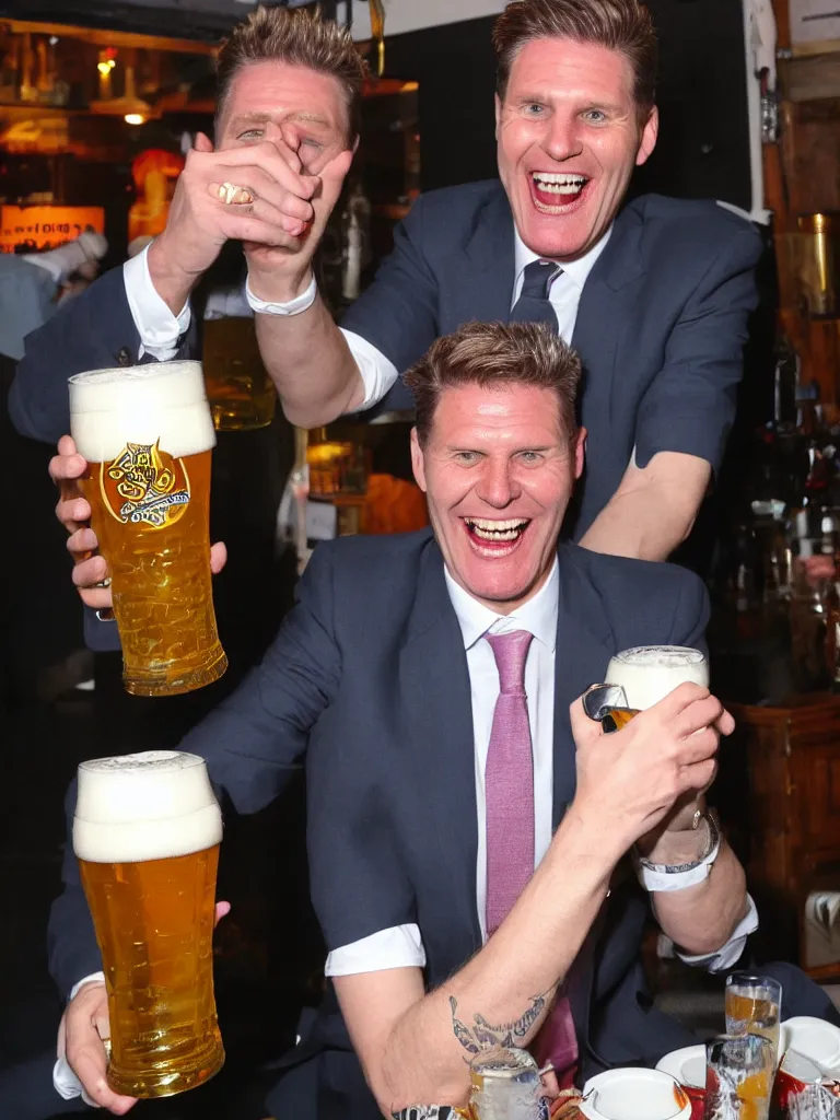 Image similar to Sir Kier Starmer laughing and drinking a big pint of lager