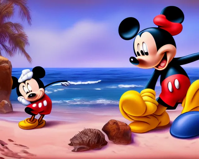 Prompt: Mickey mouse sitting next to terrifying sea creatures on a creepy beach, digital art, in the style of Frederic St-Arnaud, super detailed, artstation