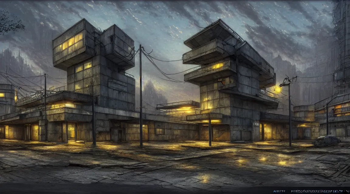 Prompt: highly detailed photography of a modern architecture post - apocalyptic police station, in the style of patrick commercy and thomas kinkade, photorealistic, trending on artstation, organic architecture, hyperrealistic landscape, city buldings background