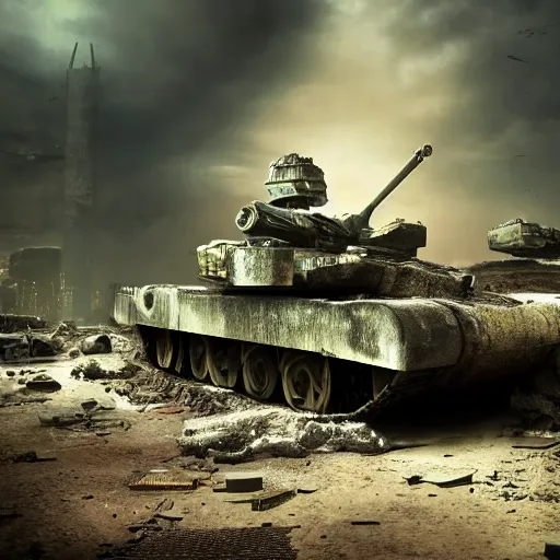 Image similar to vine covered sci - fi battle tank in a destroyed city, moody lighting, 8 k, shallow depth of field, cinematic lighting,