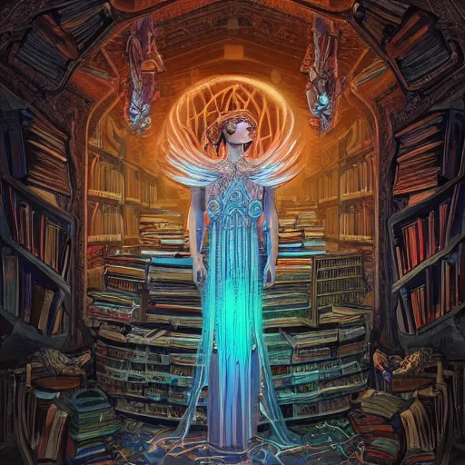 Image similar to a portrait of the goddess minerva surrounded by stacks of books, bioluminescent gown with deep level of detail of esoteric symbols, urban motifs, intricate, elegant, highly detailed, digital painting, trending on artstation, concept art, smooth sharp focus, illustration, art by artgerm and greg rutkowski, extremely high quality, surrealism