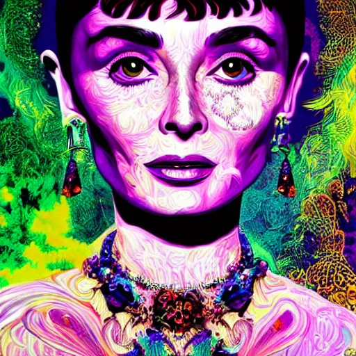 Image similar to An extremely psychedelic portrait of Audrey Hepburn, surreal, LSD, face, detailed, intricate, elegant, lithe, highly detailed, digital painting, artstation, concept art, smooth, sharp focus, illustration