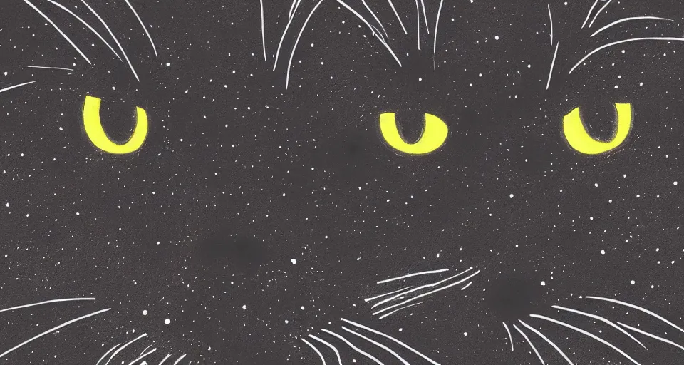 Prompt: black cat with glowing eyes walking around in a very dark open field at midnight with fireflies in the air and lots of stars in the sky, digital painting, highly detailed, magical, beautiful