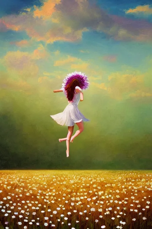 Image similar to giant white daisy flower as head, girl jumping in a flower field, surreal photography, sunrise, dramatic light, impressionist painting, colorful clouds, digital painting, artstation, simon stalenhag