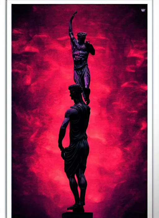 Image similar to black background with subtle red and purple design elements, statue of julius caesar, nekro, poster art, thin lines, dark, glitch art, neo vaporwave, gritty, layout frame, trending on artstation