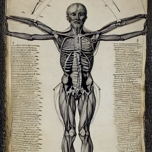 Prompt: page of an old anatomy book of fantastic creatures, depicting the anatomy of a magical fairy, laid out like the vitruvian man, old parchment