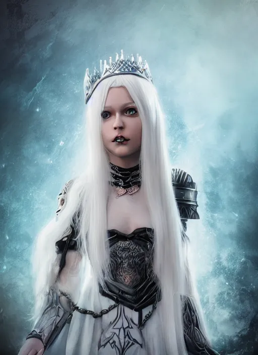 Image similar to An epic fantasy comic book style full body painting of a pale young girl with long straight white hair, she is wearing a chess pattern princess dress, Unreal 5, DAZ, hyperrealistic, octane render, cosplay, RPG portrait, dynamic lighting