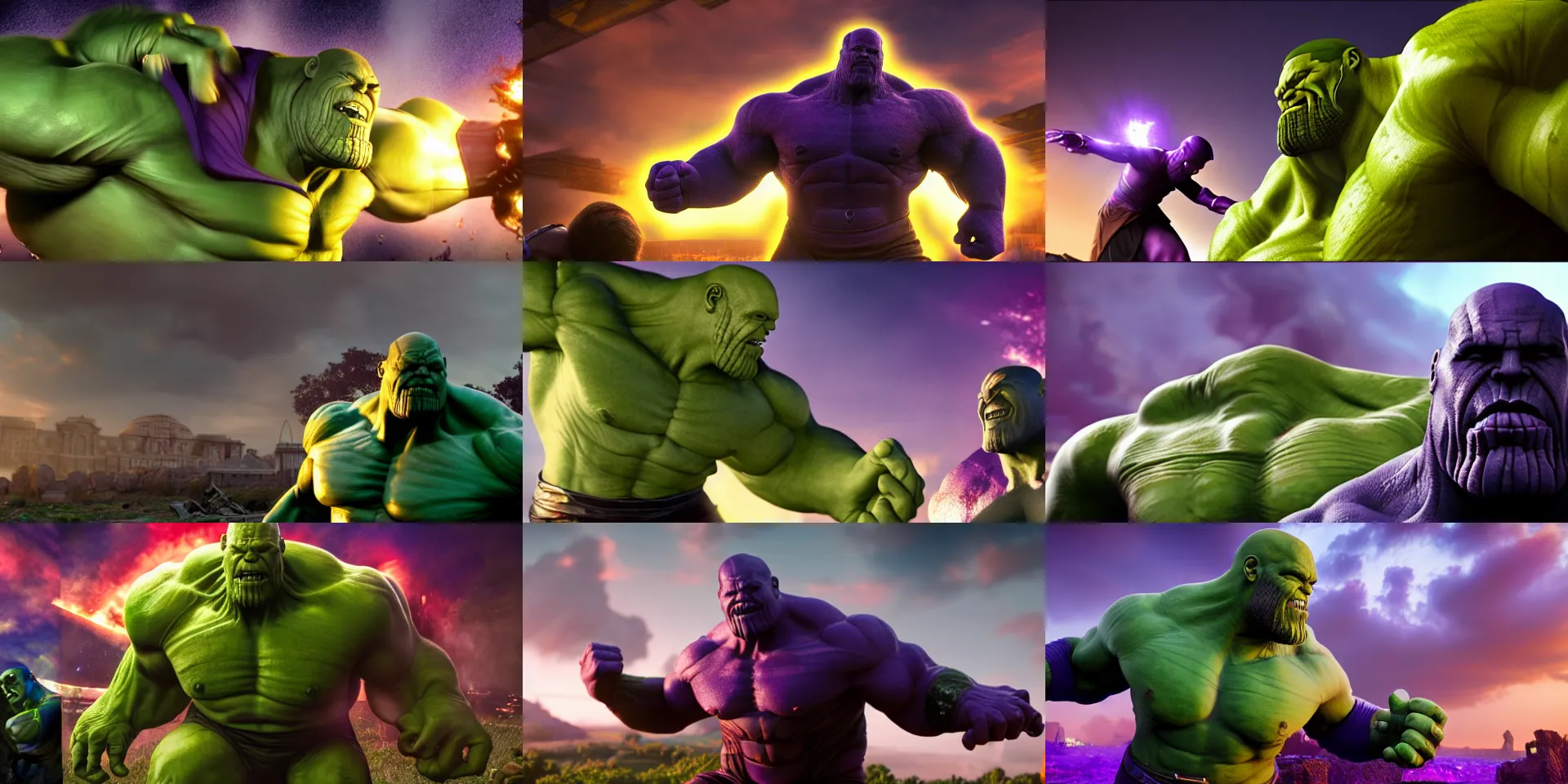 Prompt: wide shot,Thanos fighting Maestro Hulk,photorealistic,HDR,8k