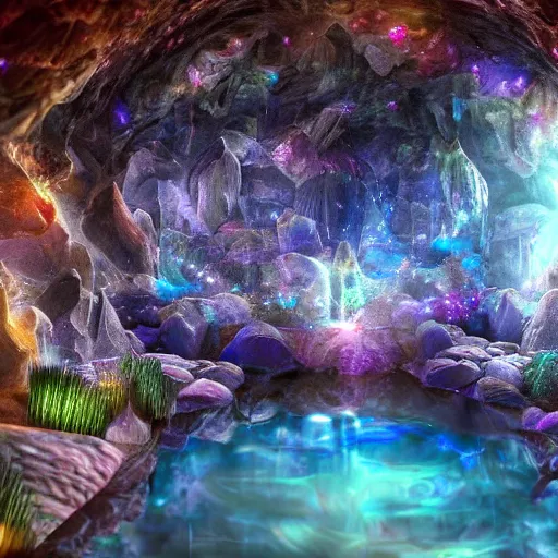 Prompt: Deep dark grand-cave with wonderful magical crystals, hyperrealism, no blur, 4k resolution, ultra detailed-i