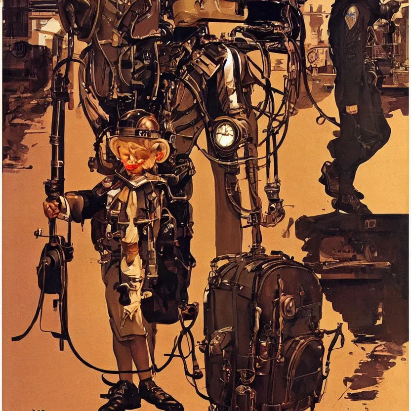 Prompt: a boy with a steampunk retrofuturistic backpack by syd mead and norman rockwell. highly detailed digital art. retrofuturism. steampunk. beautiful lighting. trending on artstation.