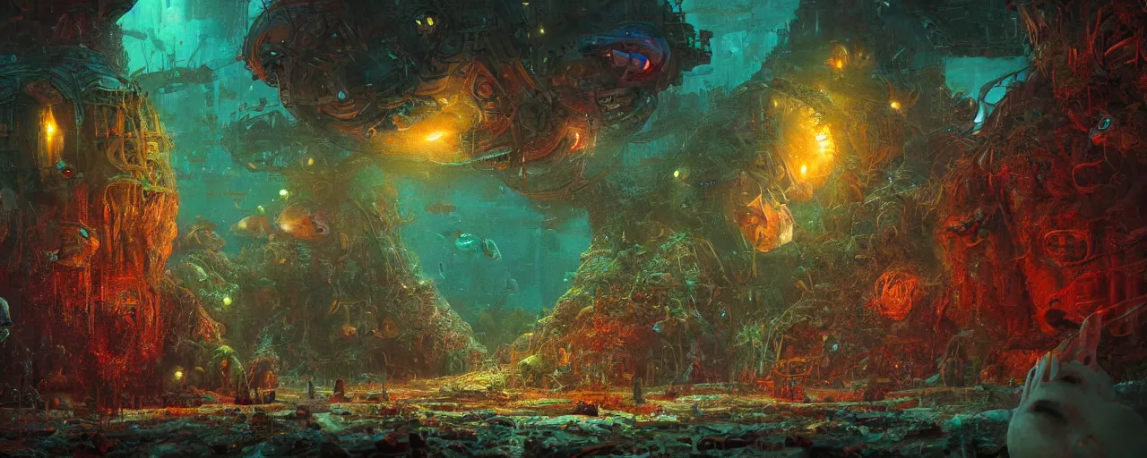 Image similar to ” inside a fish, [ moist, wet, gut, gills, cinematic, detailed, epic, widescreen, opening, establishing, mattepainting, photorealistic, realistic textures, octane render, art by paul lehr ] ”