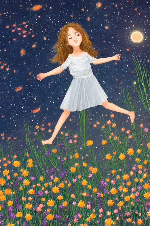 Image similar to illustration of a girl standing in a field of wild flowers gazing up to stars and milkyway, foreshortening